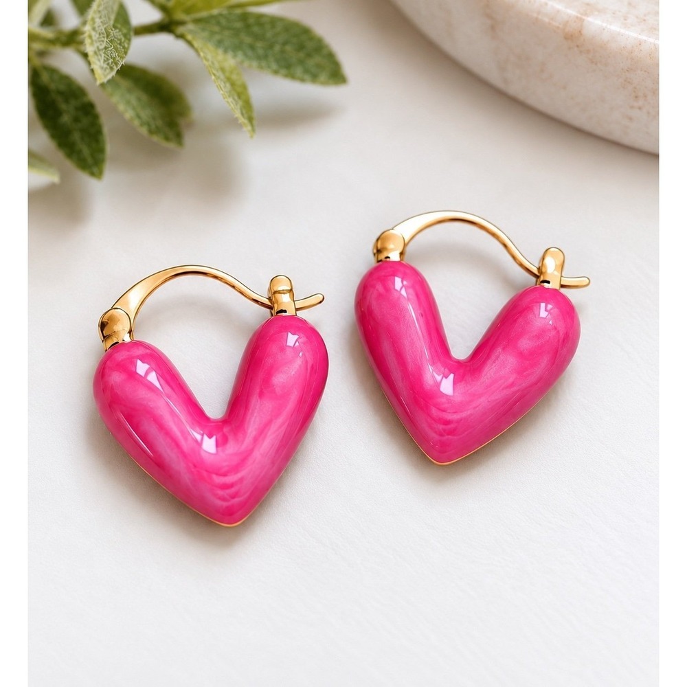 Adorable Hot Pink HEART Hoop Earrings Gold Tone Trendy Jewelry Cute